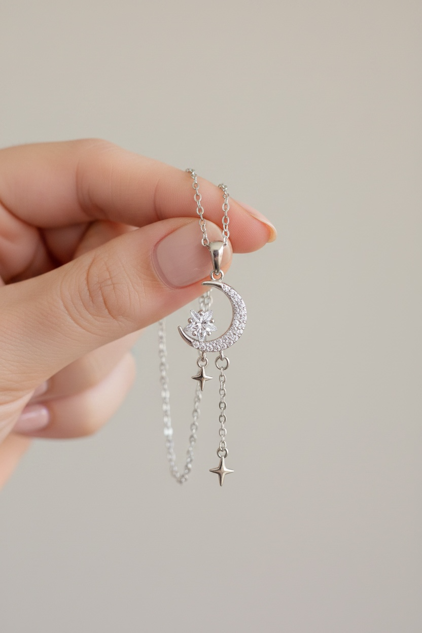 Crescent Moon and Star Necklace on pure 925 Silver
