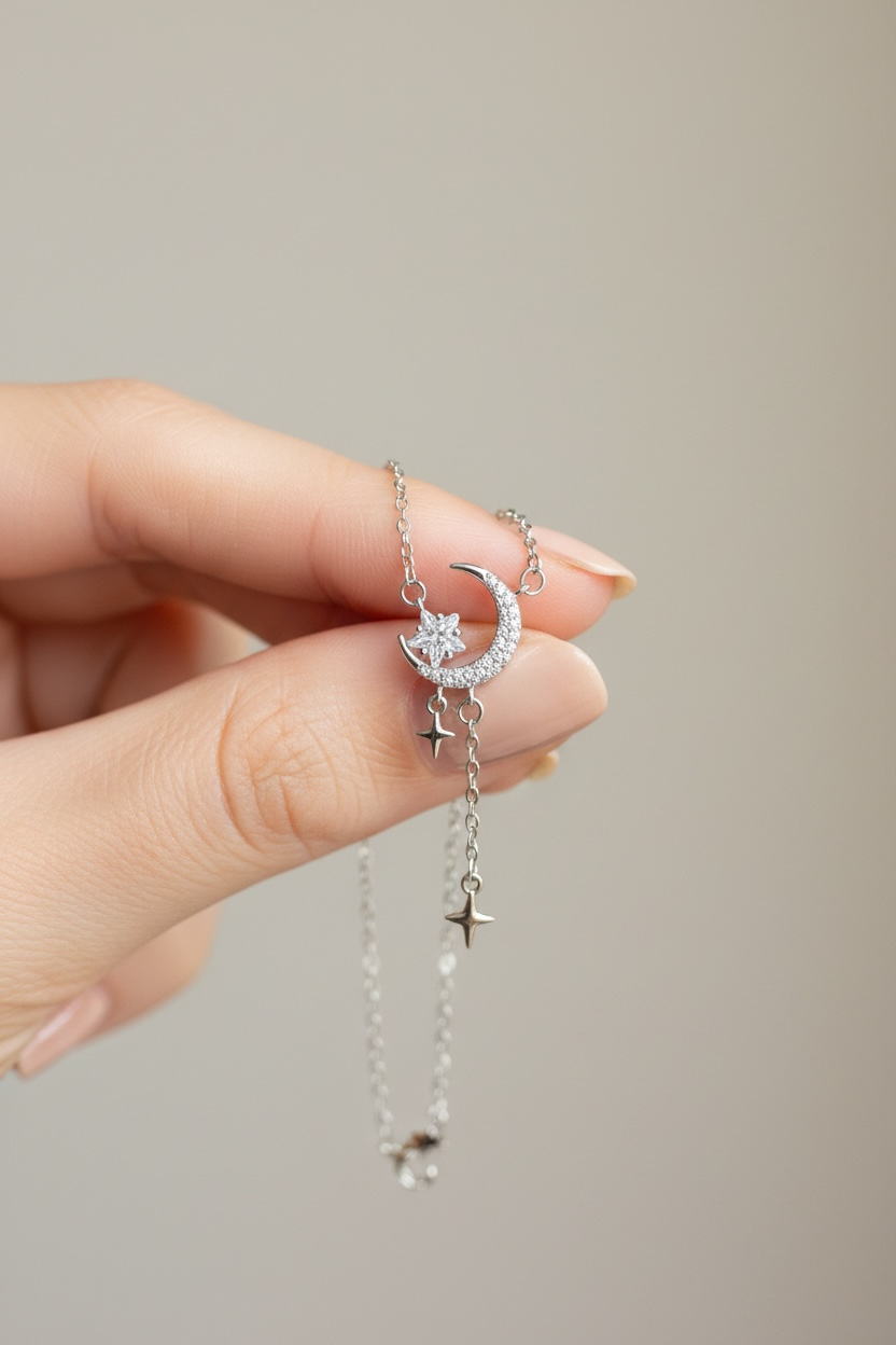 Crescent Moon and Star Necklace on pure 925 Silver