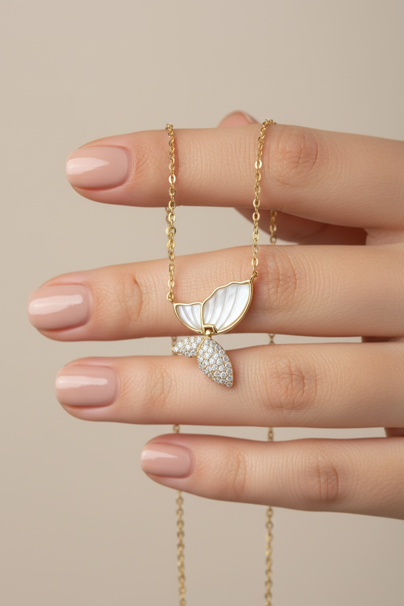 18K Gold Finish Mother of Pearl Butterfly Seren Pendant with Chain on Pure 925 Silver