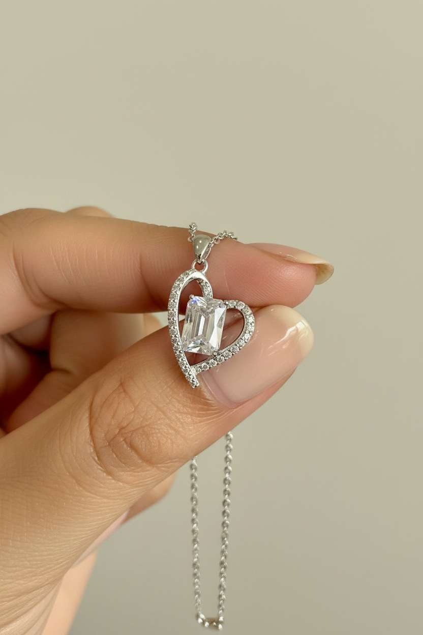 Pure 925 Silver Amora Heart Pendant with Emerald Cut Solitaire