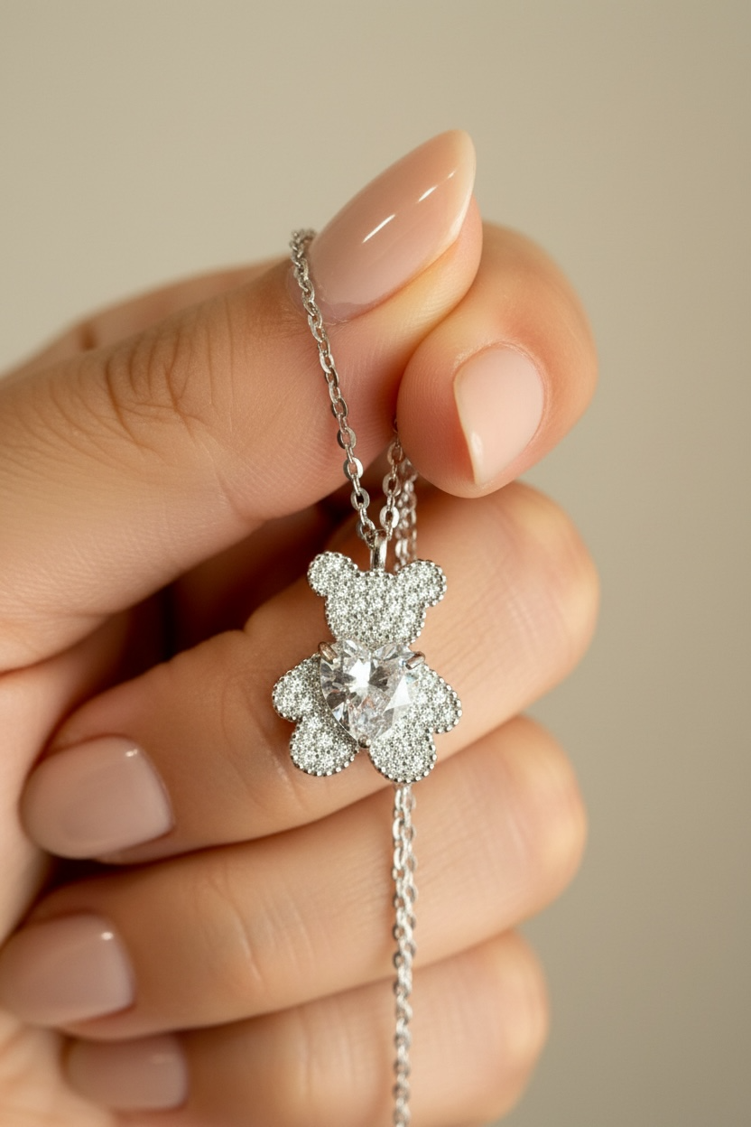 Teddy Bear with Heart Solitaire Pendant with Chain on Pure 925 Silver