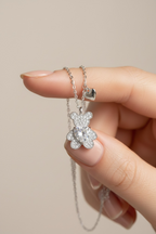 Teddy Bear with Heart Solitaire Pendant with Chain on Pure 925 Silver