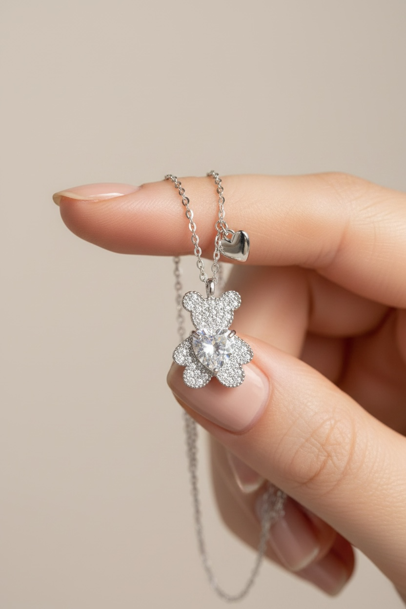 Teddy Bear with Heart Solitaire Pendant with Chain on Pure 925 Silver