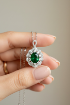 Premium Emerald and Diamond Cluster Flory Pendant with Chain on Pure 925 Silver