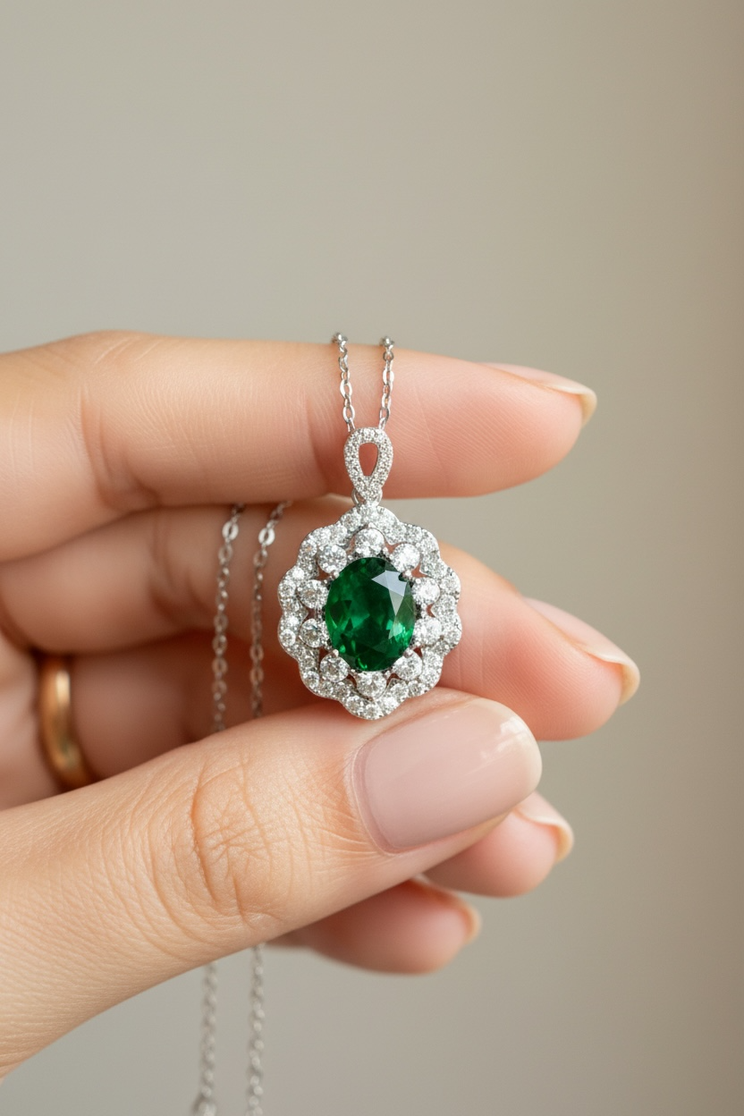 Premium Emerald and Diamond Cluster Flory Pendant with Chain on Pure 925 Silver