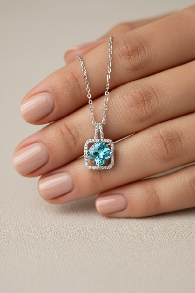 Delva Blue Solitaire Pendant With Chain on 925 Silver