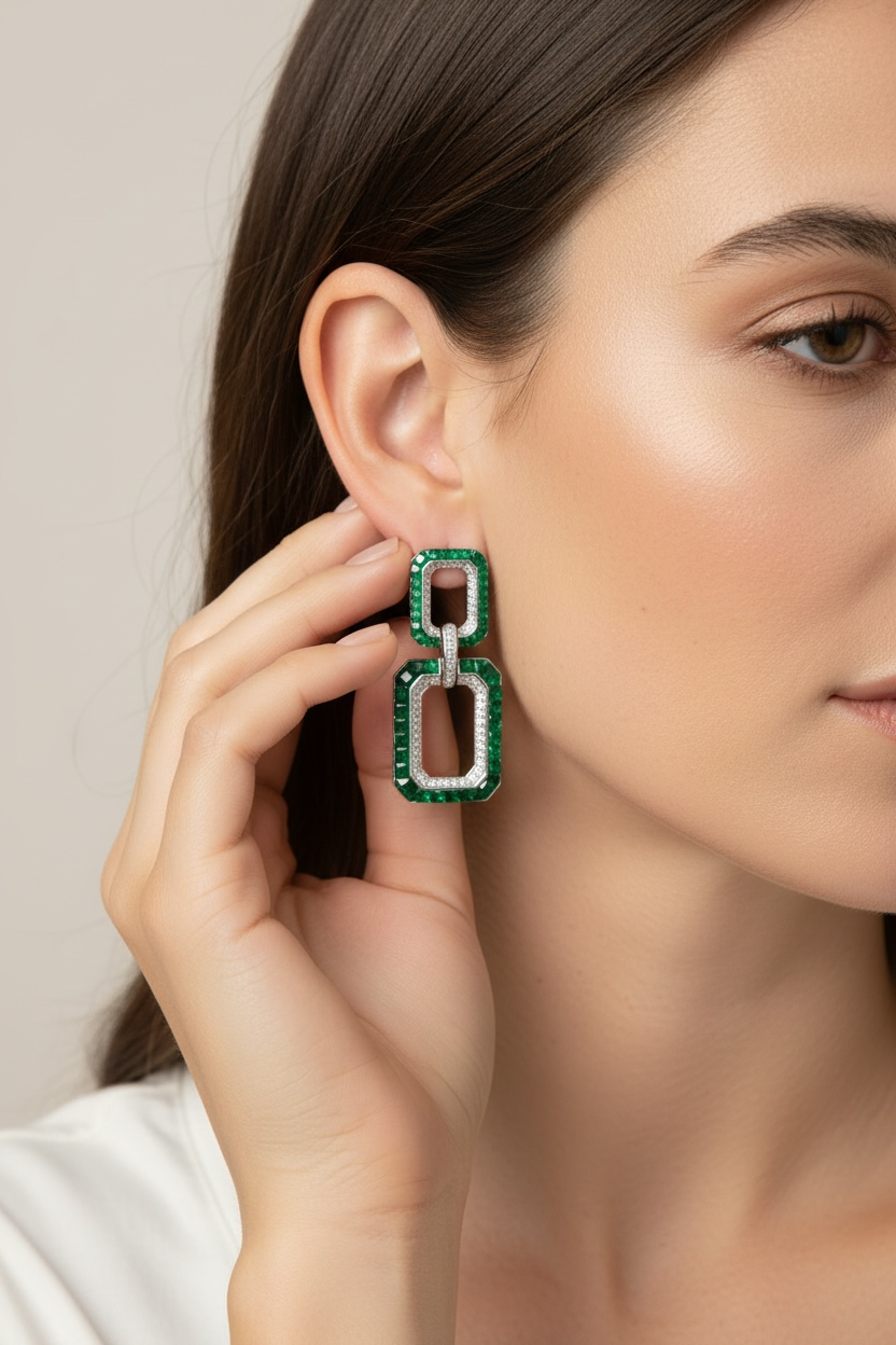 LINEA Baguette Diamond & Emerald Long Earrings on pure 925 Silver