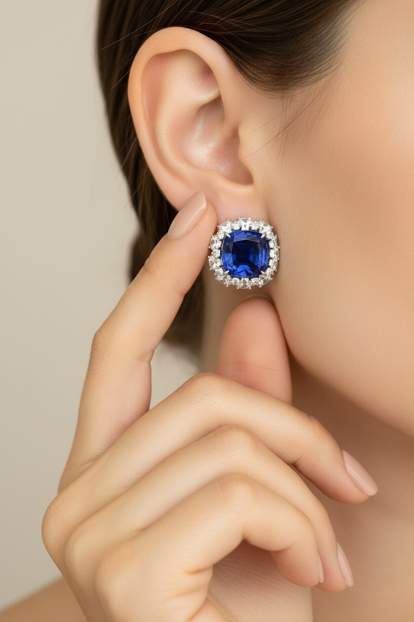 ZYRA Premium Blue Sapphire and Diamond Cluster Studs on Pure 925 Silver