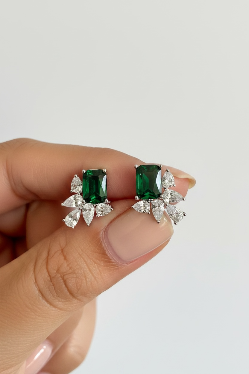 Ultra Premium AZAL Hydro Emerald Drop Solitaire Crystal Earrings on Pure 925 Silver