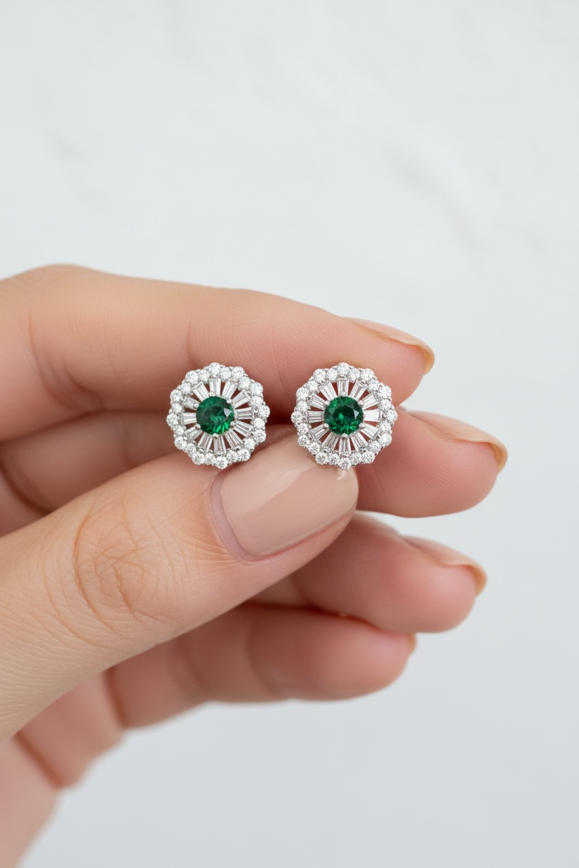 Studded Green Emerald Georgia Studs with Centre Green Emerald on Pure 925 Silver.