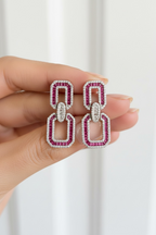 Baguette Diamond with Ruby Long Earrings on Pure 925 Silver