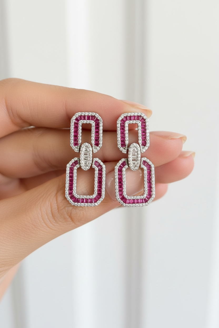 Baguette Diamond with Ruby Long Earrings on Pure 925 Silver
