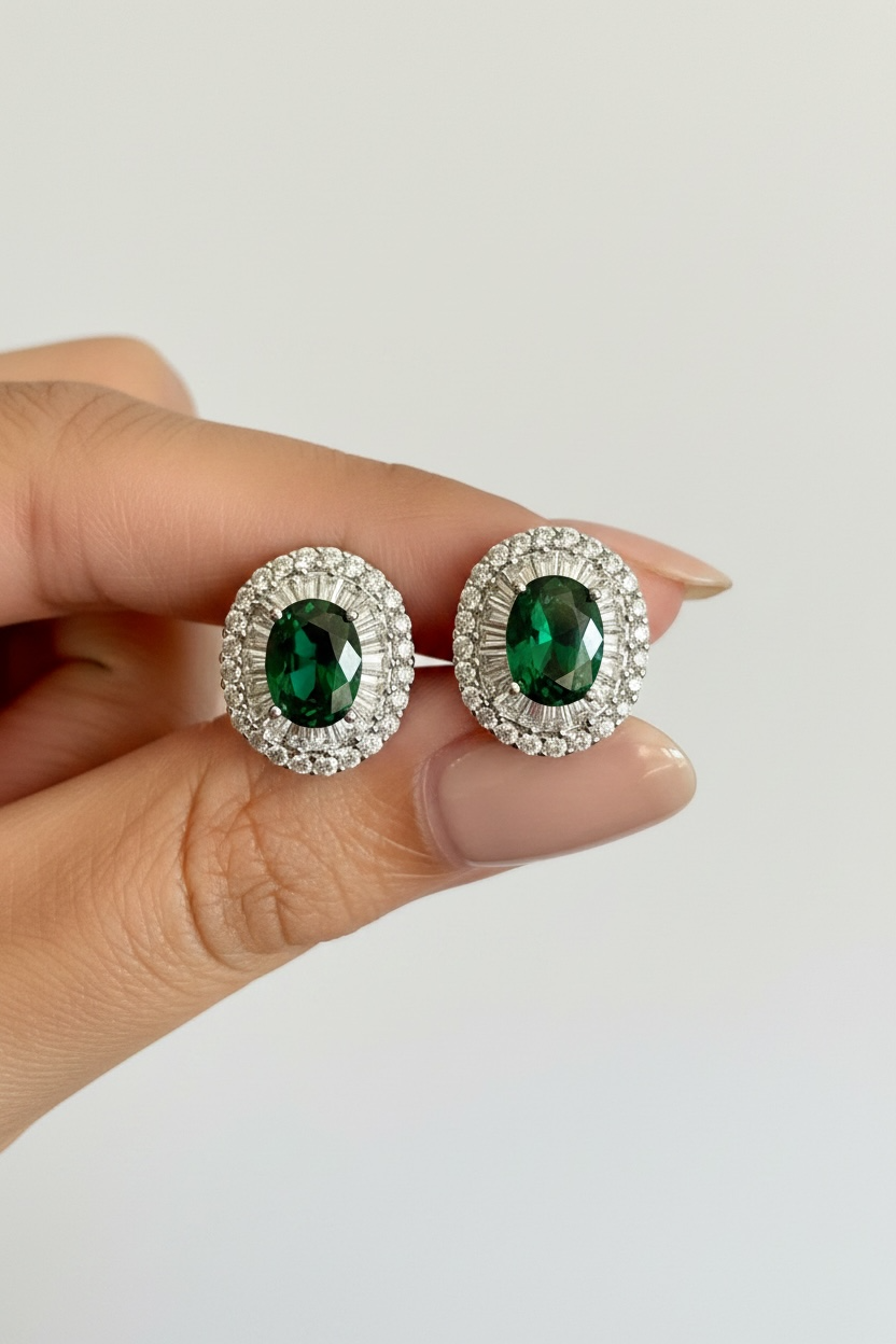 REEVA Oval Emerald Solitaire Studs on Pure 925 Silver