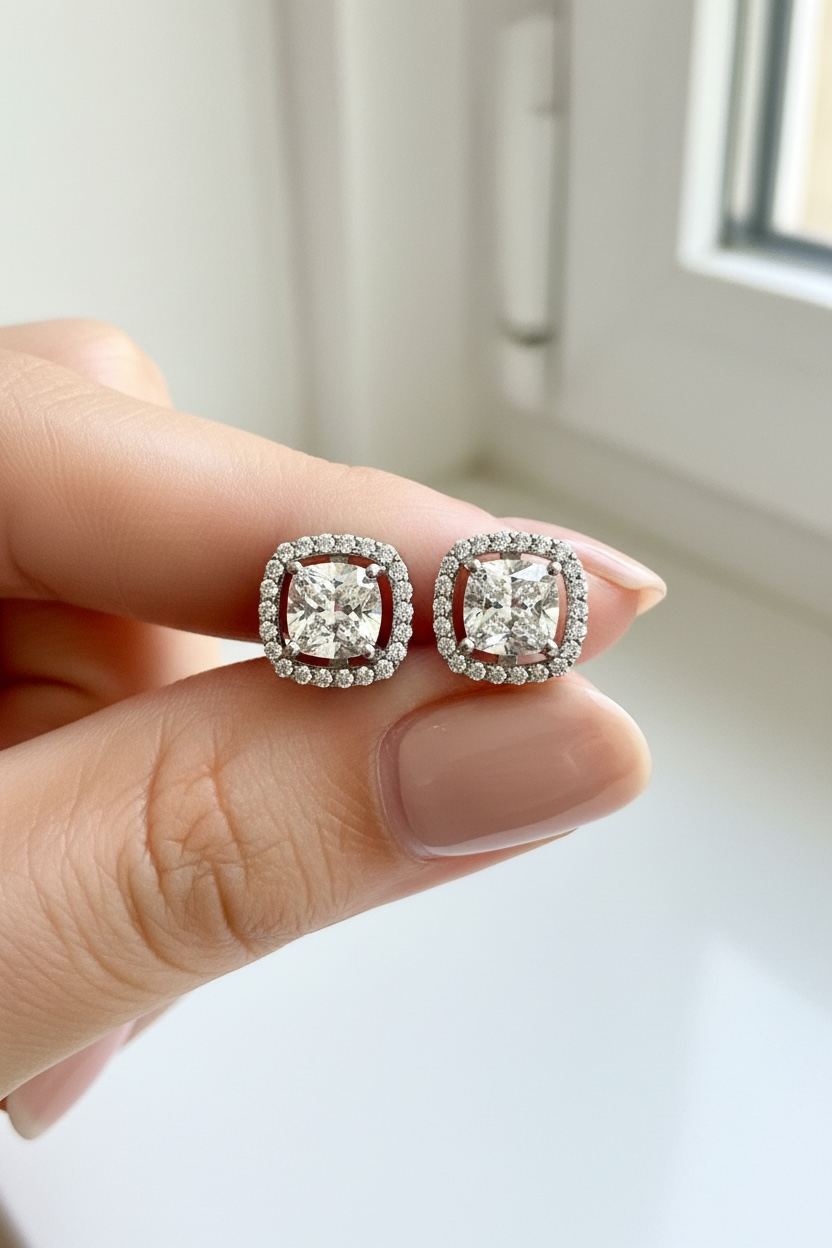 1.3 Carat Cushion Cut VERA Solitaire studs with premium screw backs