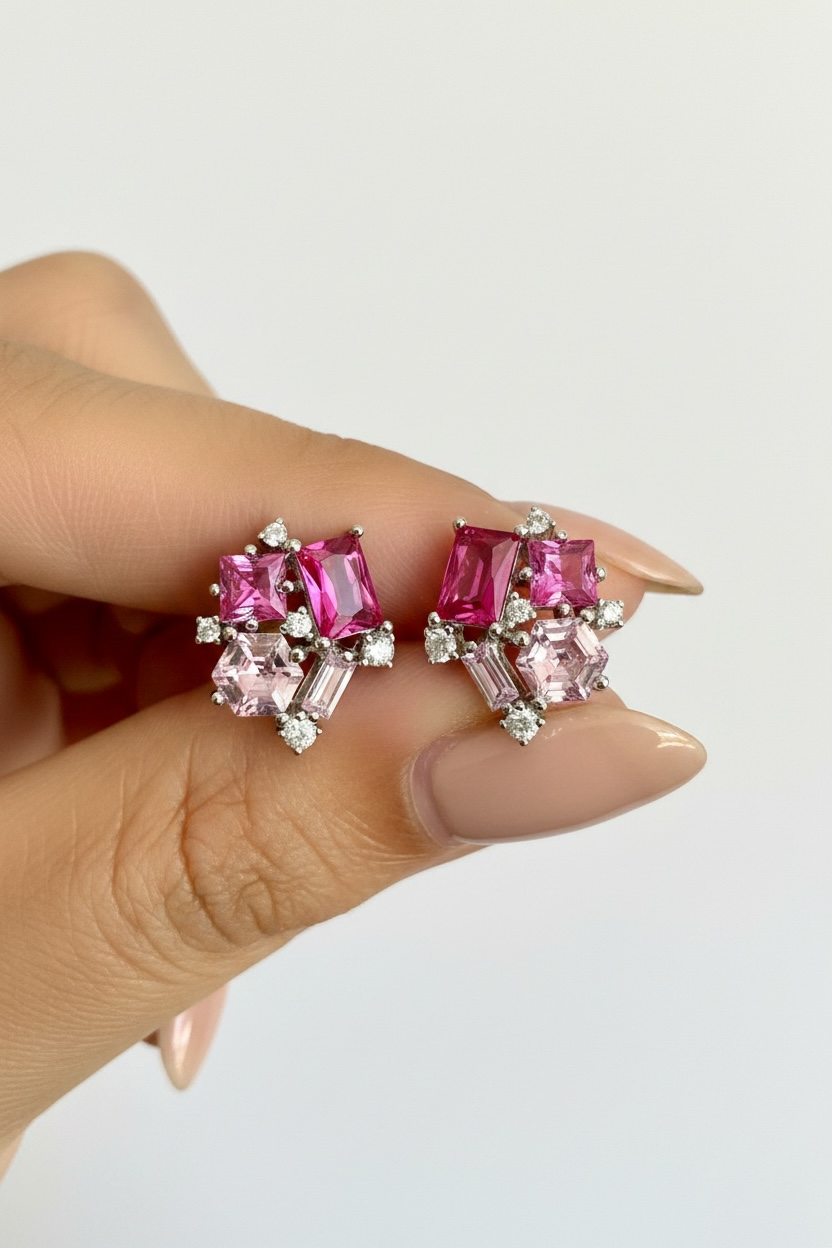 Premium Multi Shape Diamond White Gold Finish Pink Giva Stud Earrings on Pure 925 Silver