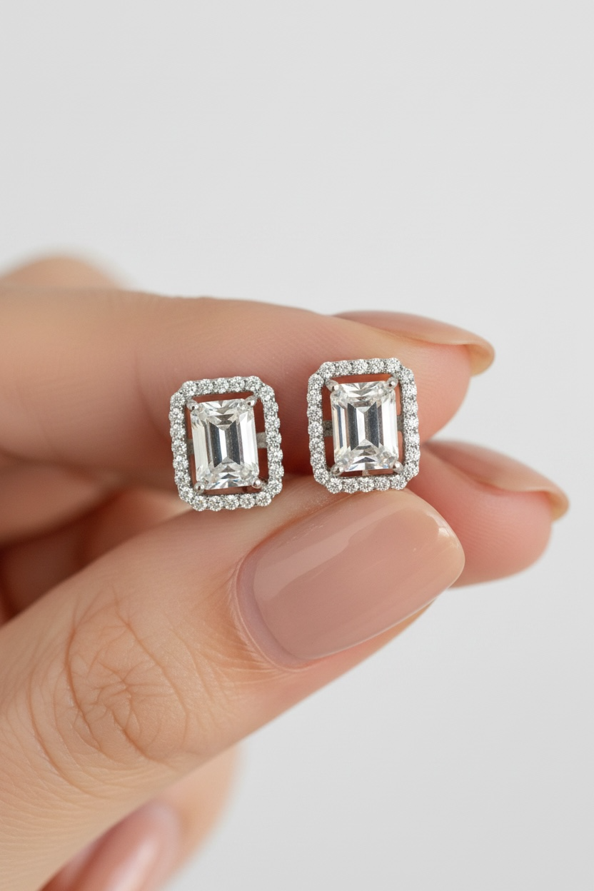 Premium Range 2 Carat Emerald Cut TIA Solitaire Studs with Screw Backs on pure 925 Silver