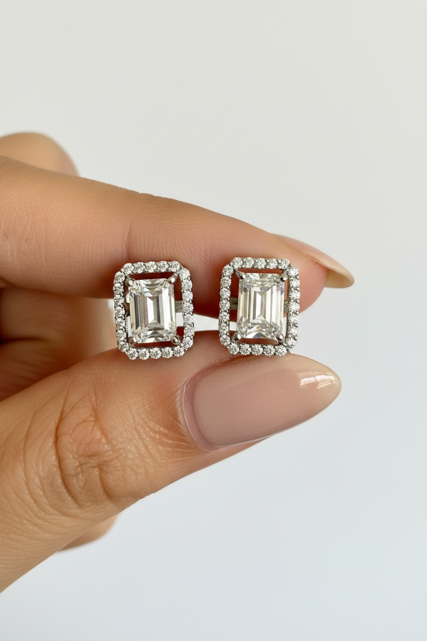 Premium Range 2 Carat Emerald Cut TIA Solitaire Studs with Screw Backs on pure 925 Silver