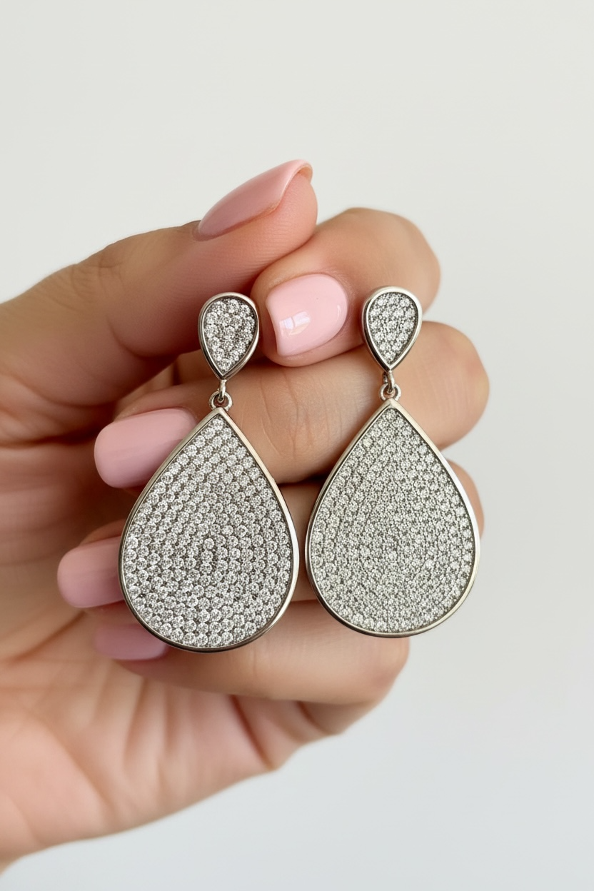 Pave Setting Nera Double Drop Earrings on pure 925 Silver