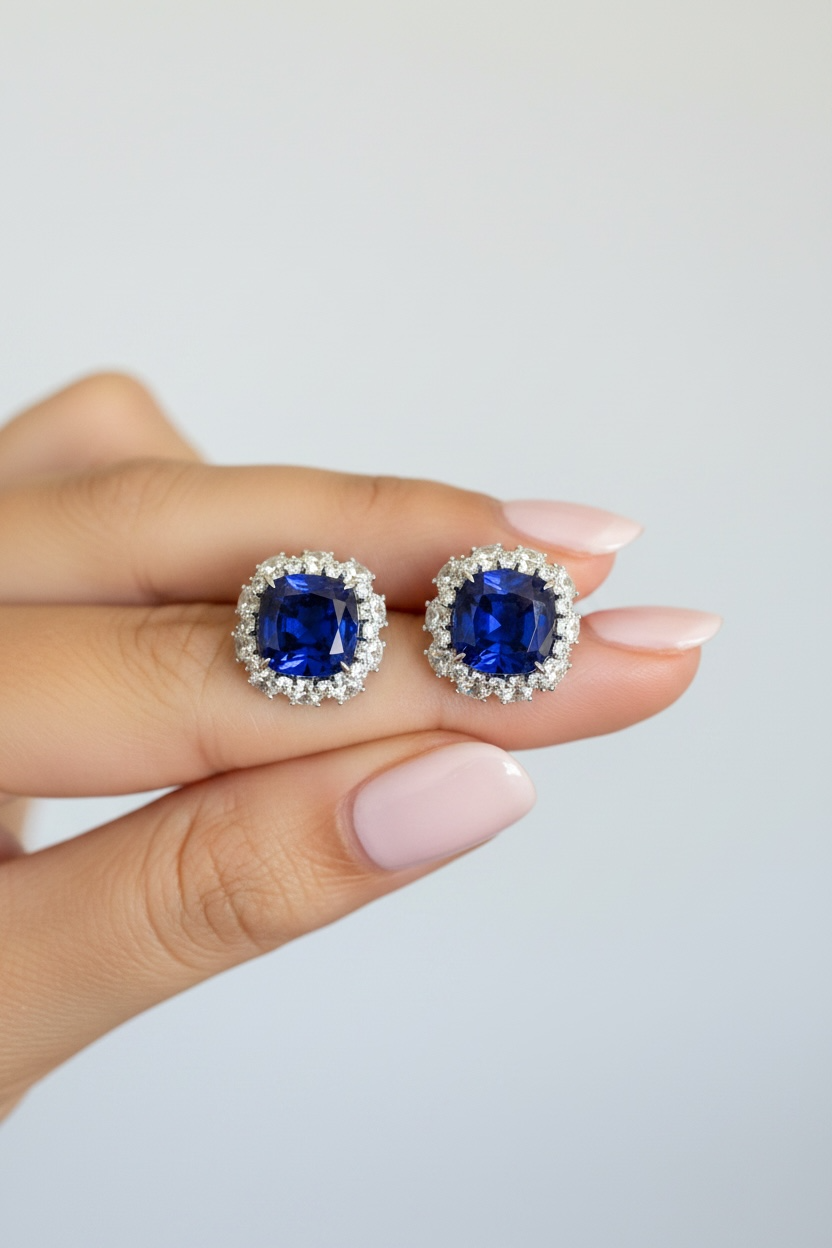 ZYRA Premium Blue Sapphire and Diamond Cluster Studs on Pure 925 Silver