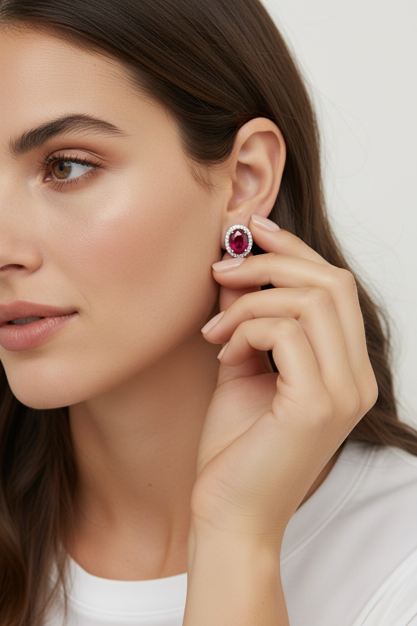LIOR Diamond Oval Ruby Solitaire Studs on 925 Silver