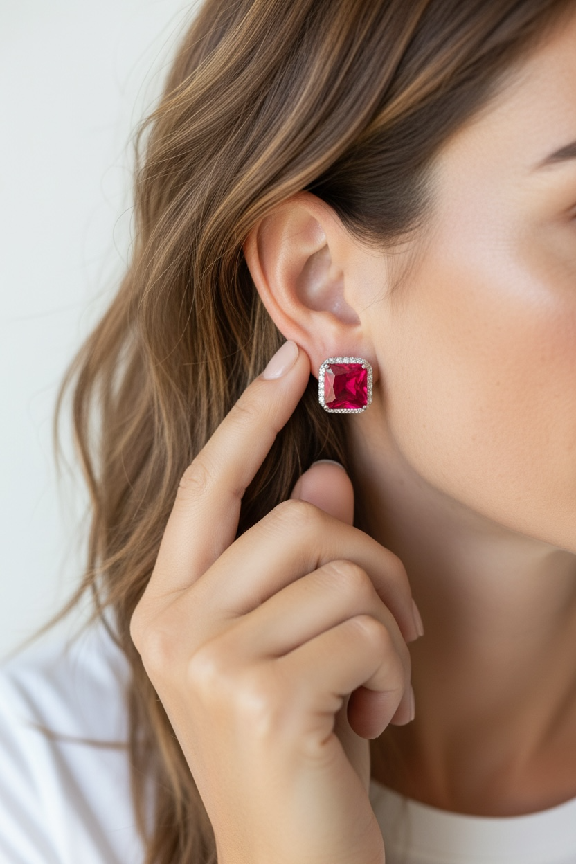 NAOMI Pigeon Blood Ruby and Diamond Studs on pure 925 Silver