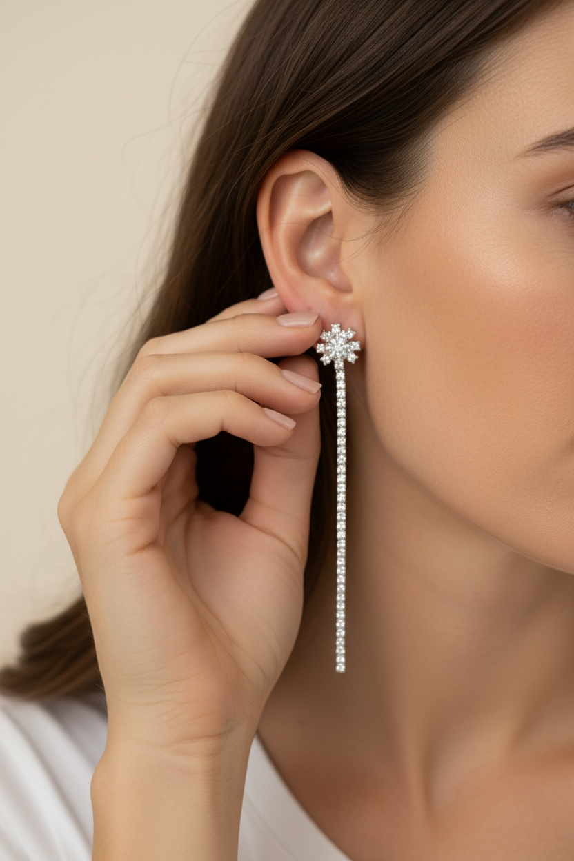 VIDA Diamond Studded with Baguette Skye Long Earring on Pure 925 Silver