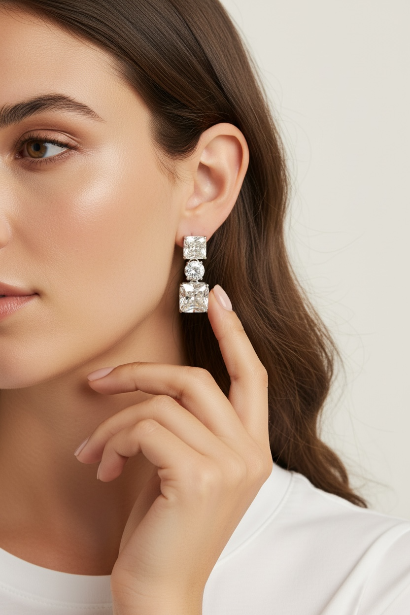 Premium 3 Layer Solitaire Danglers with Asher Cut and Round Cut Solitaire on Pure 925 Silver