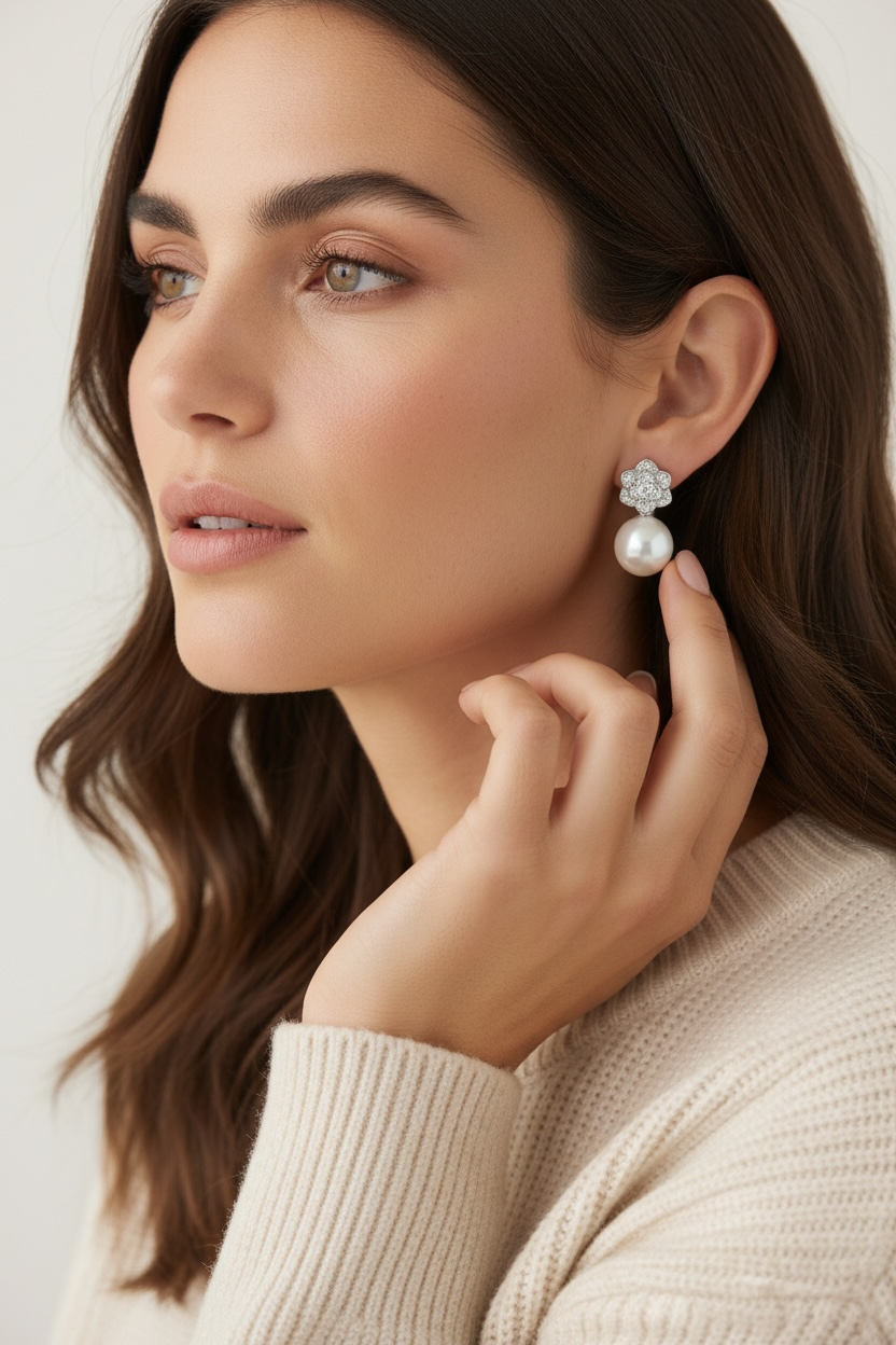 LIRA Fresh Water Pearl and Diamond Studs on pure 925 Silver