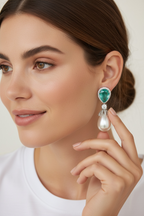 Teal Blue and Pearl Drop Long Earrings