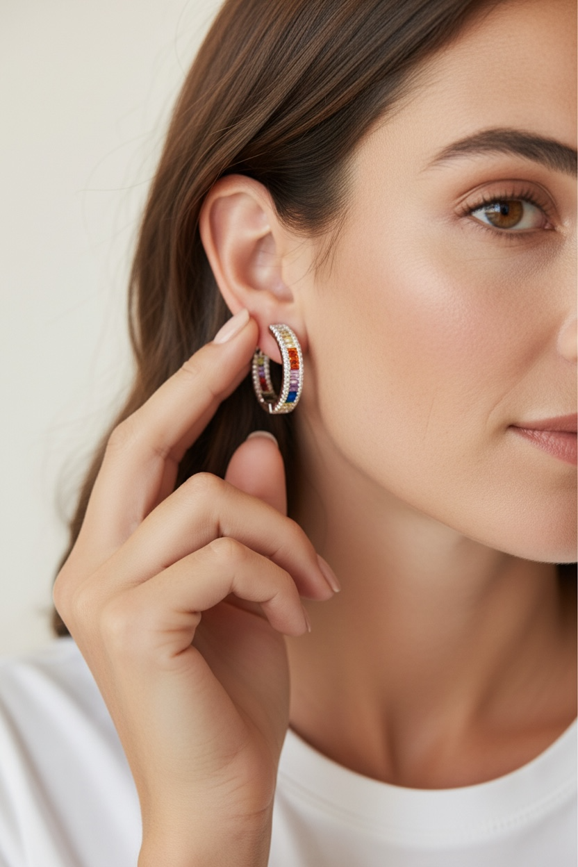 Multi Colored Baguette Diamond Classic Round Hoops on Pure 925 Silver