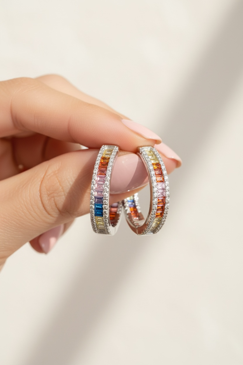 Multi Colored Baguette Diamond Classic Round Hoops on Pure 925 Silver