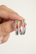Multi Colored Baguette Diamond Classic Round Hoops on Pure 925 Silver
