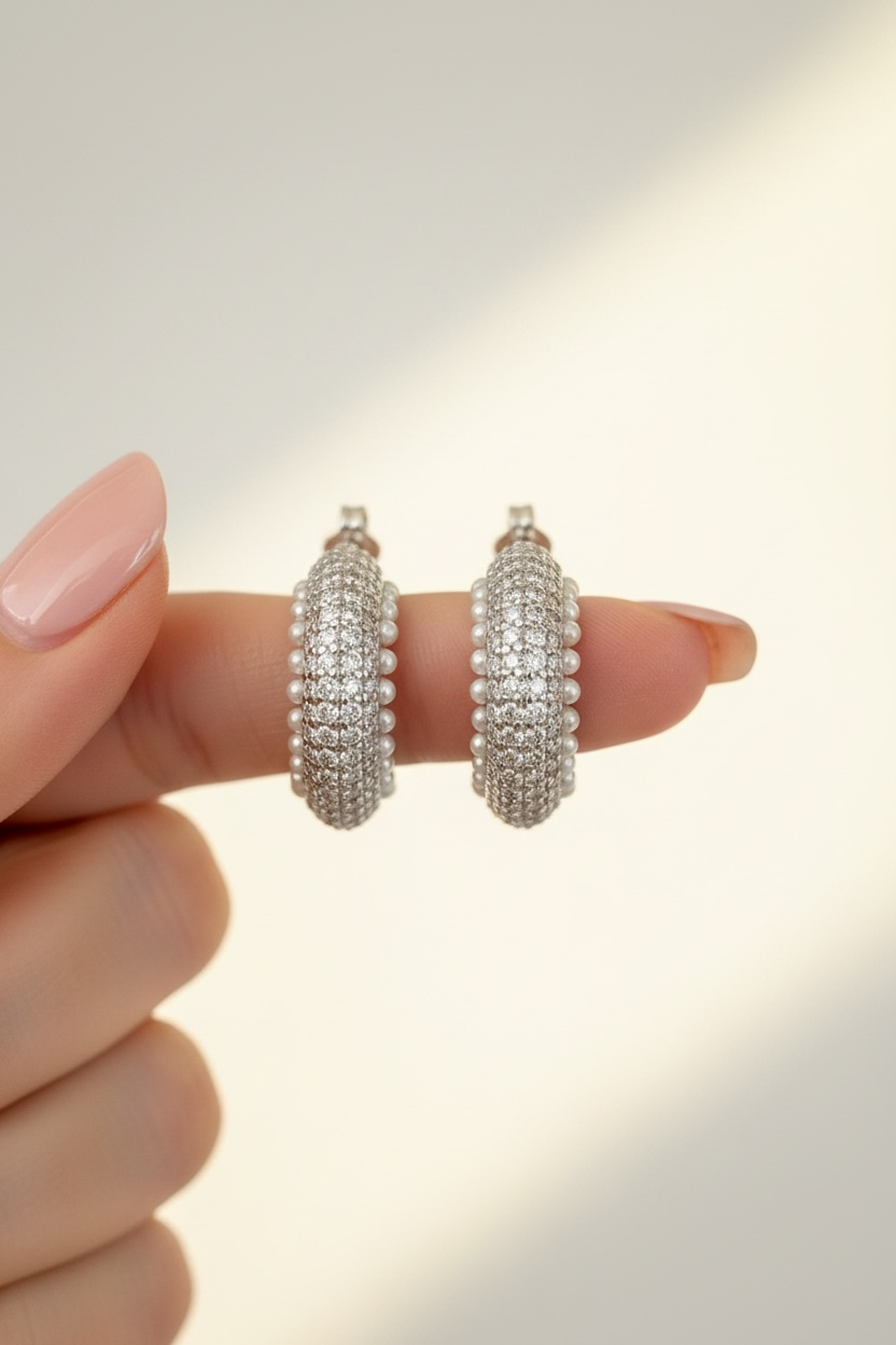 Premium Micro Setting American Diamond and Pearl TIARA Huggie Hoops on Pure 925 Silver