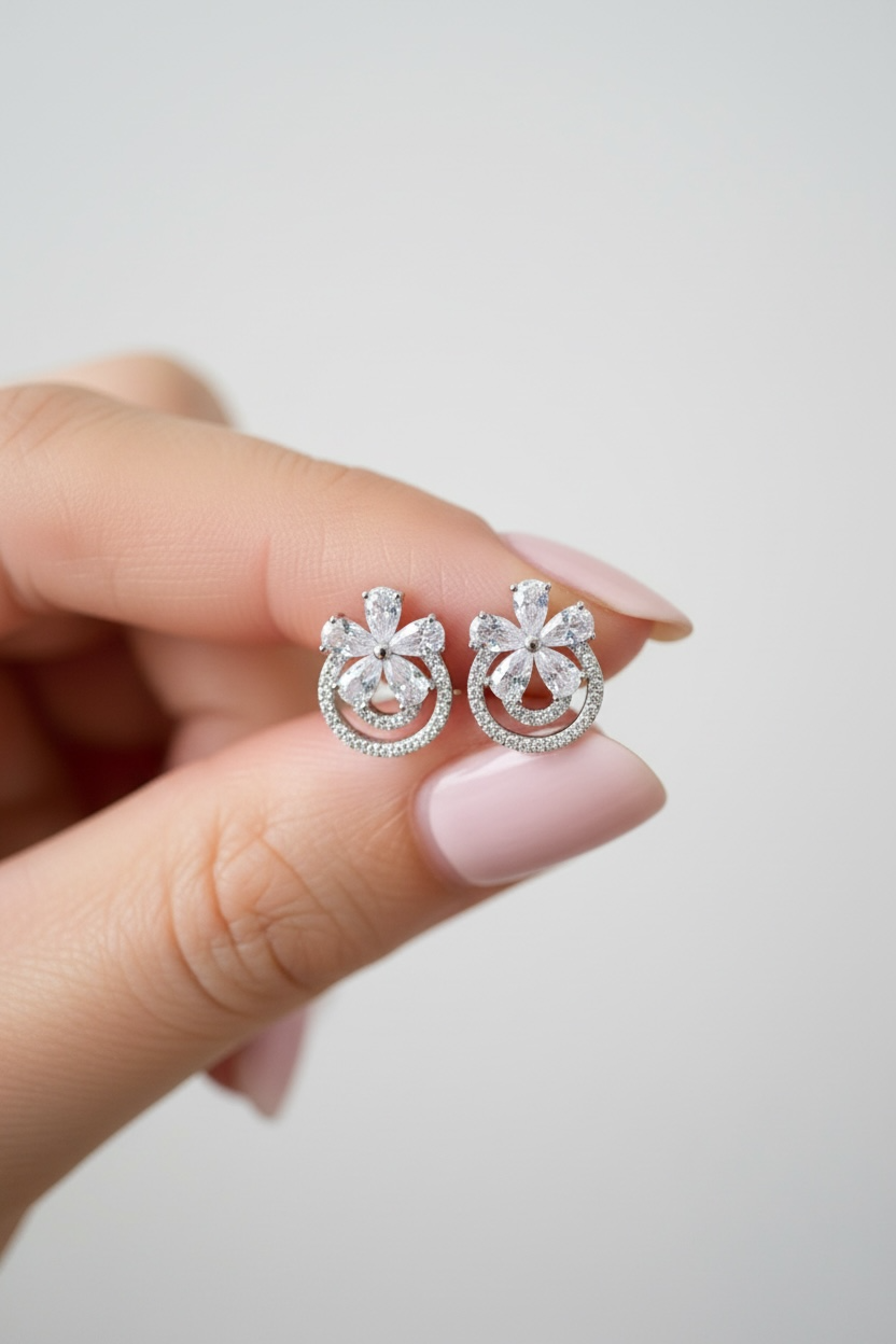 Elina Flower with Rings Earrings on pure 925 Silver