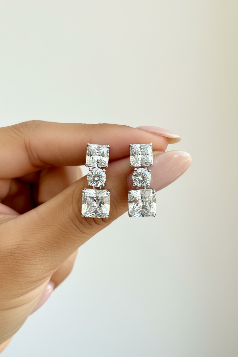 Premium 3 Layer Solitaire Danglers with Asher Cut and Round Cut Solitaire on Pure 925 Silver
