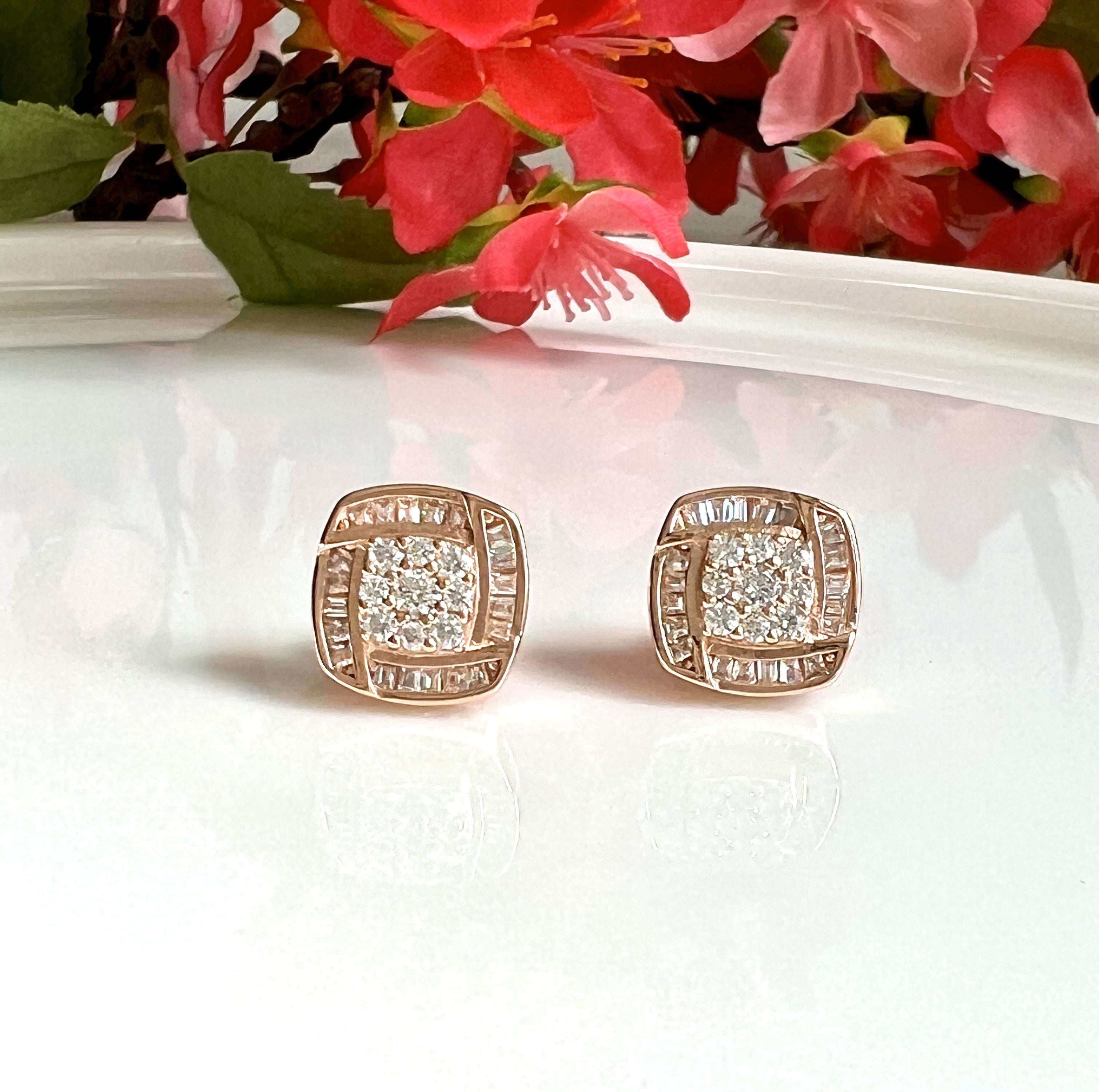 Rose Gold Studs With Diamond Baguette on pure 925 Silver