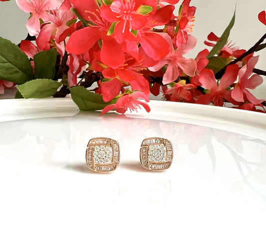 Rose Gold Studs With Diamond Baguette On 925 Silver