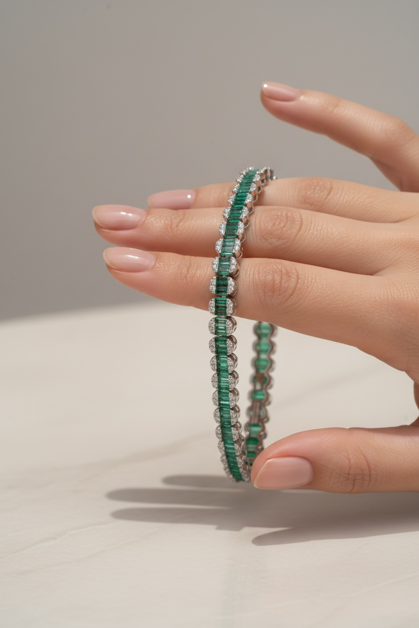 Saine Green Emerald and Diamond Bracelet on pure 925 Silver