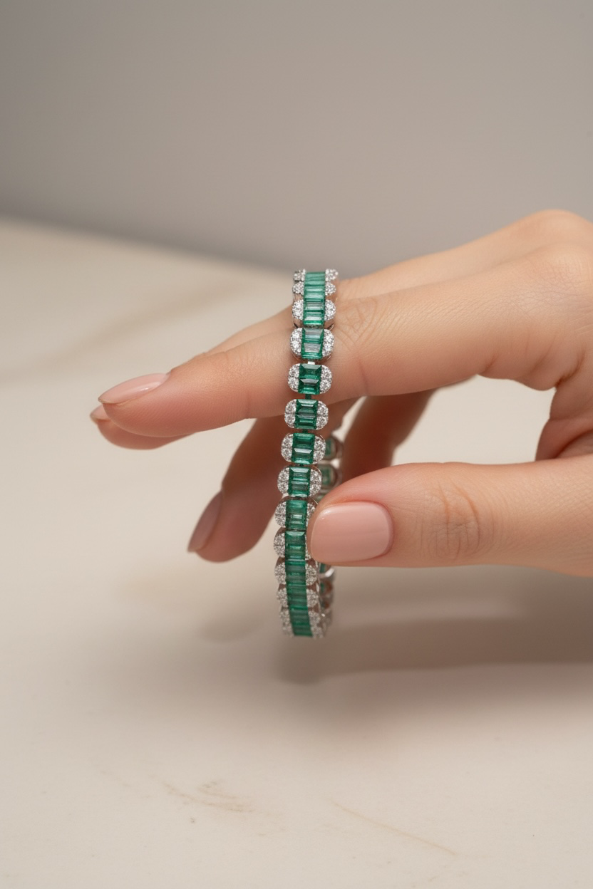 Saine Green Emerald and Diamond Bracelet on pure 925 Silver