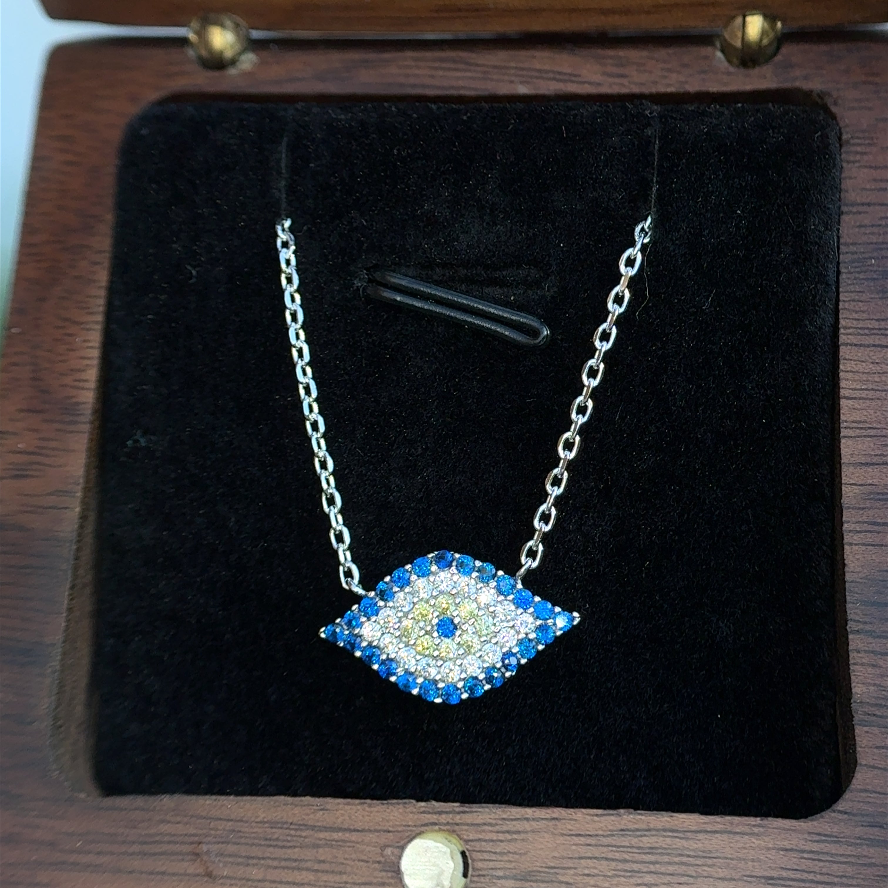 Eona Diamond Studded Blue Stone Evil Eye Pendant with Chain on Pure 925 Silver