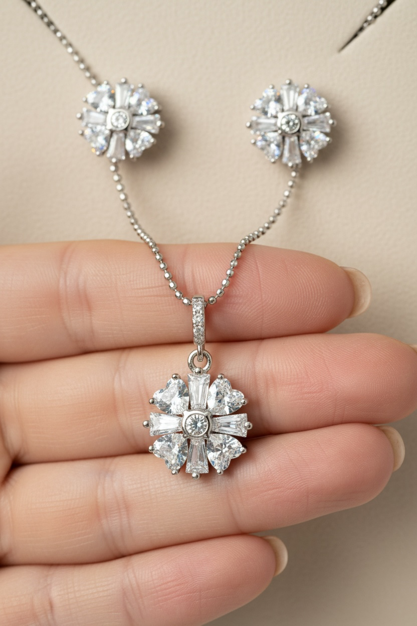 VANYA Heart and Baguette Solitaire Pendant Set on pure 925 Silver