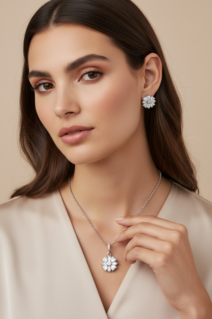 VANYA Heart and Baguette Solitaire Pendant Set on pure 925 Silver